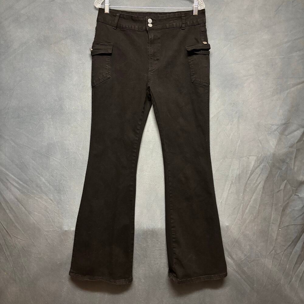 Y2K Style Cargo Bell Bottom Jeans Womens XL Stretchy Black Wash Comfy Western